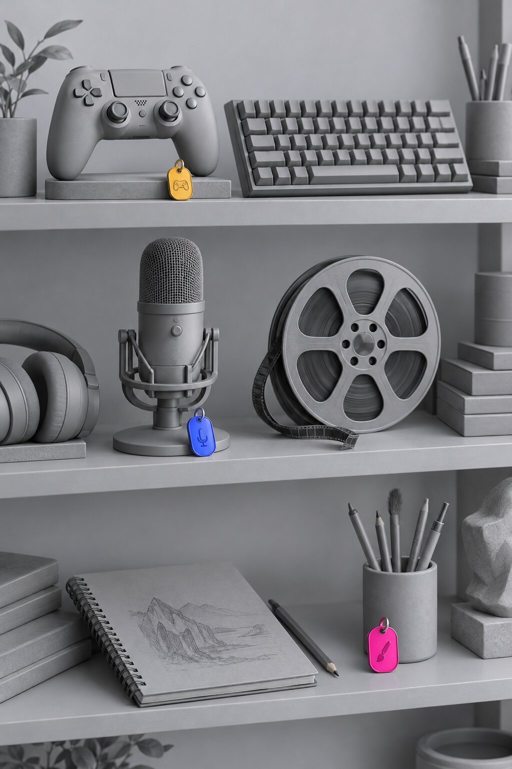 Grey clay shelf with tools from games, software and media, tagged gold, blue and magenta